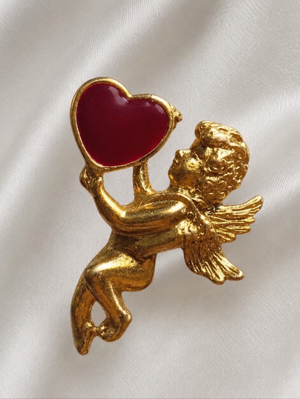 Cupid Heart Lapel Pin - Vintage Lover Angel Gold Red Love Sweetheart Brooch Pin